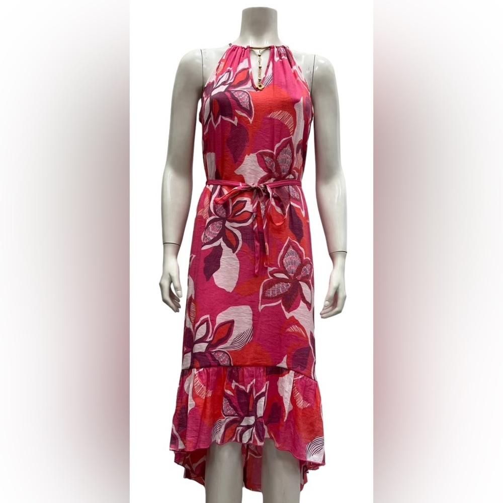 Mille Gabrielle Pink, Purple, White Floral Halter Ruffle layer Dress